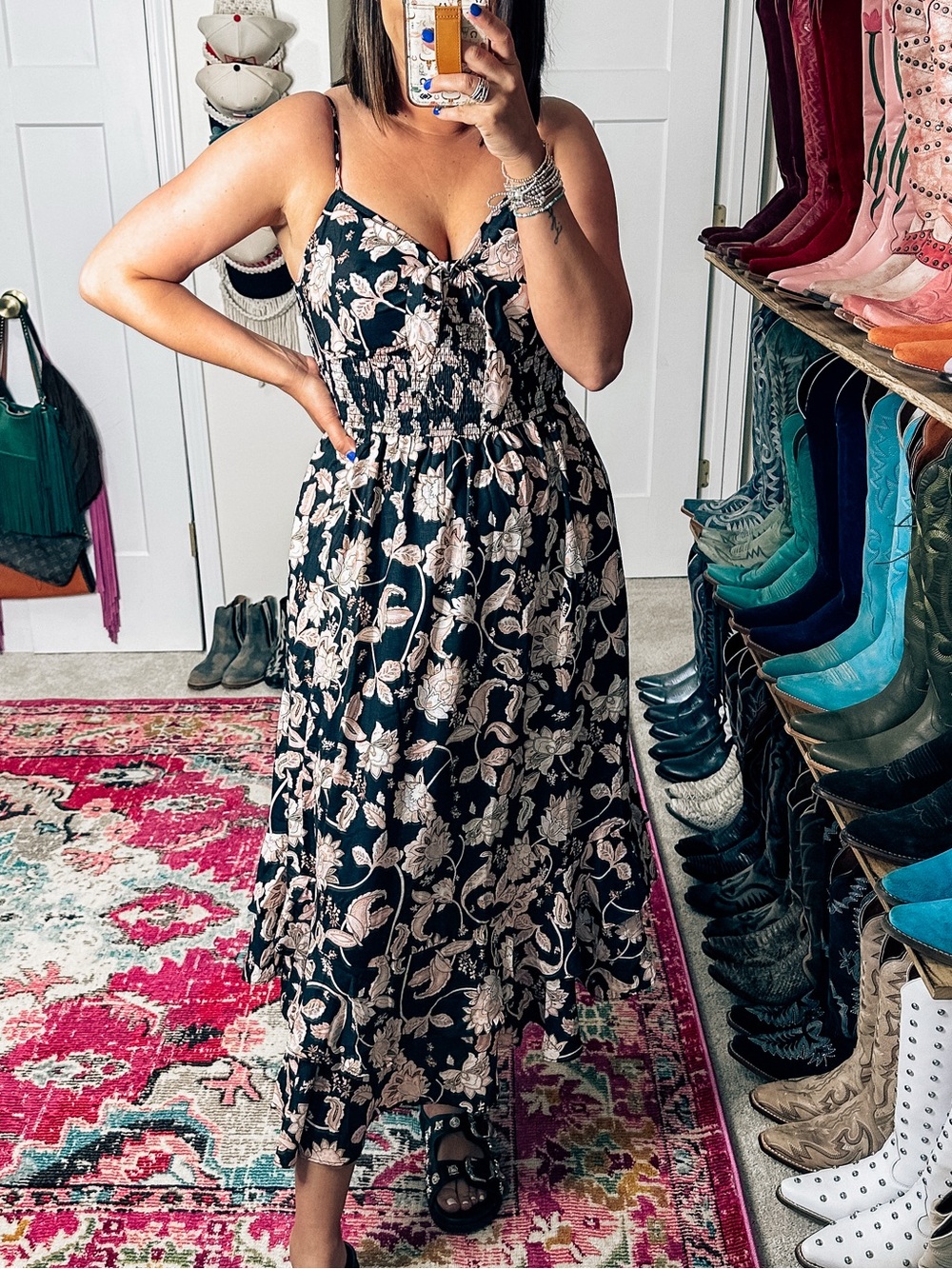 Black Floral Spaghetti Strap Midi Dress with Pink Flower Print - Picture 2 of 4